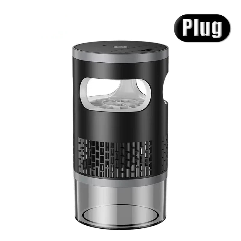 Lenovo Mosquito Killer met blauw paarse licht, zichtbaar op houten tafel. Modern ontwerp met verwijderbare batterij, geschikt voor slaap- en woonruimt