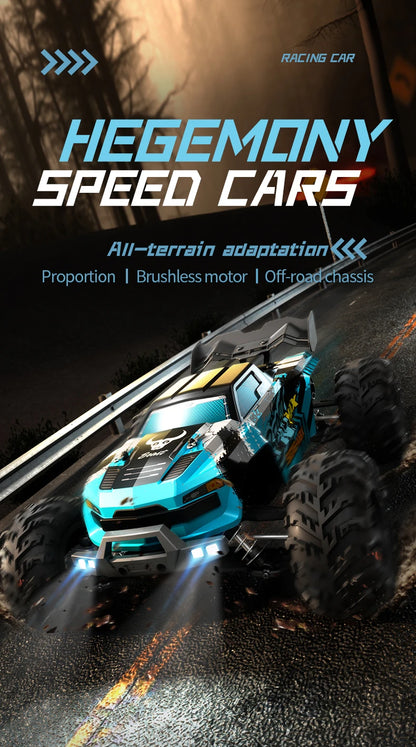 Zwart met rode accenten RC terreinwagen met grote off-road banden en LED-verlichting, inclusief stuur, batterijen en draagtas voor speelplein of buite