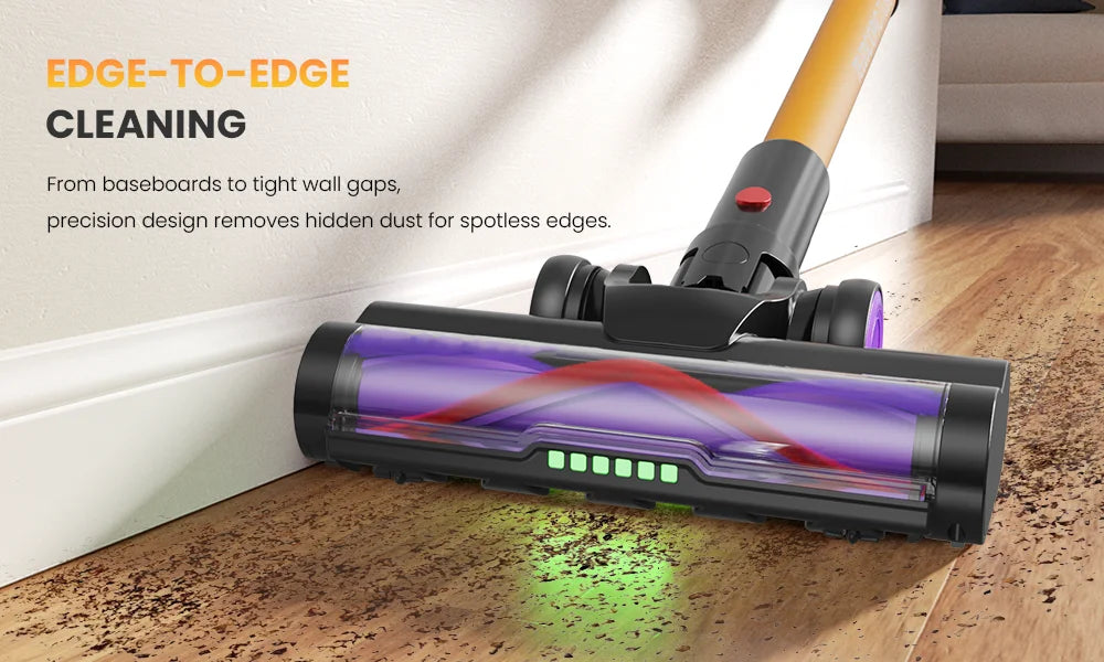 Een draadloze stofzuiger met paarse en gouden accenten, uitgerust met meerdere borstels en een digitale display voor efficiënte huishoudelijke schoonm