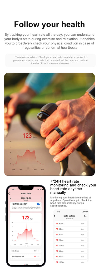 Zwart slimme ring met glanzend oppervlak en zichtbare groene LED, voorzien van een centraal sensorpaneel. Perfect voor technologie-geïnspireerde accessoires en digitale levensstijl. - Foto 19