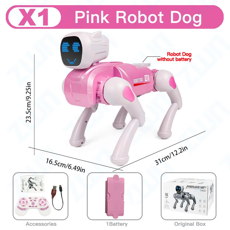 ZWN X1 AI Smart Robot Dog, zilverkleurig met blauwe LED-gezicht, speelt muziek en danst. Geschikt voor kinderen en hobbyisten, met Bluetooth en app-co