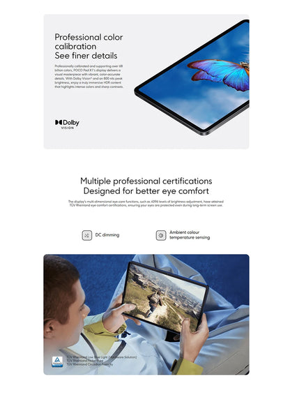 De POCO Pad X1 tablet in donkergrijs met goudkleurige cameraomlijsting, voorzien van een kleurrijk scherm met abstracte geometrische patronen, geschik