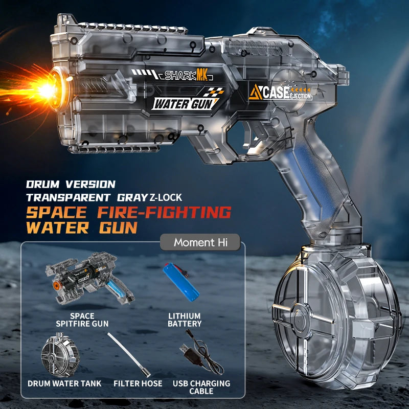 De elektrische waterpistool Shark MK-1 heeft een transparante, futuristische constructie met een donkerblauwe grip en een opvallende rode uitlaat. Het