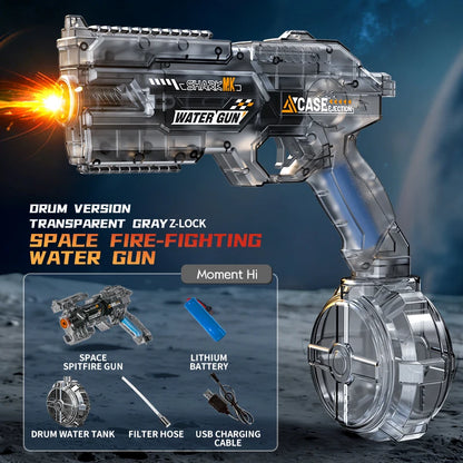 De elektrische waterpistool Shark MK-1 heeft een transparante, futuristische constructie met een donkerblauwe grip en een opvallende rode uitlaat. Het