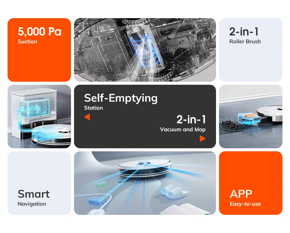 De witte ILIFE robotstofzuiger met zwart accent en app-verbinding voor slimme huishoudelijke reiniging. Geïntegreerd systeem voor automatische stofzui
