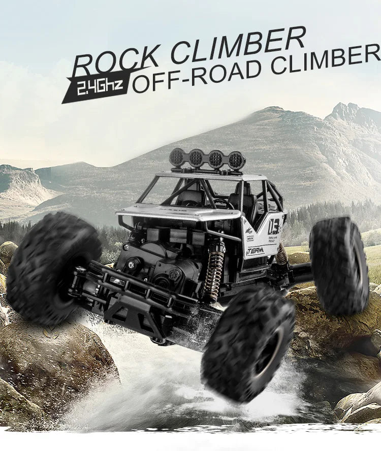 ZWN Rock climber, een zwarte, alloy-upgrade RC-4WD terreinwagen met grote, zichtbare banden en een stuurunit. Geschikt voor off-road avonturen en stei