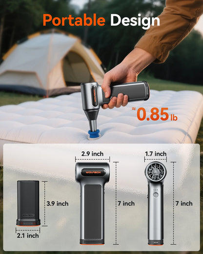 De Wolfbox MF200 luchtstofzuiger in zwart met oranje accenten, inclusief borstel, zachte borstel, opbergzak en drie metalen uitschuifbare nozzles, ges
