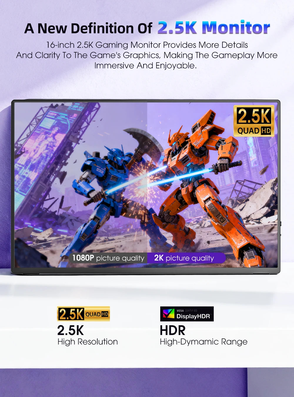 Een 16-inch QLED-scherm met 2.5K Quad HD resolutie en 120Hz, uitgerust met een 16:10 verhouding, perfect voor gaming en streamen. Zwart frame met text
