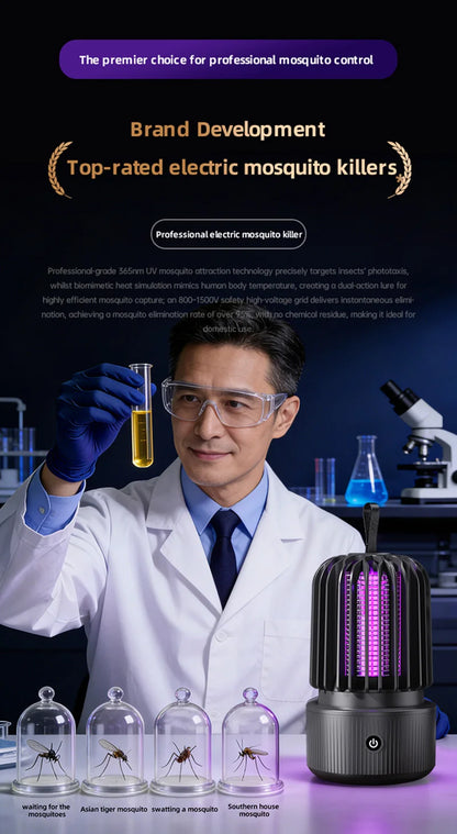 Zwart Xiaomi elektrische muggenkiller met paarse UV-lamp en draadloze hanghaak, ontworpen voor binnen- en buitengebruik. Effectief tegen muggen in sla