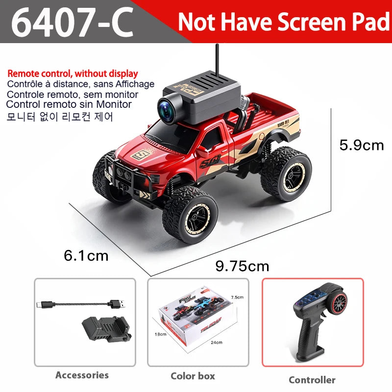 Rode 1:64 schaal RC off-road pick-up met camera en VR-bril ondersteuning, geschikt voor speelgoed- en racetoepassingen. Zichtbare zwarte banden en zil