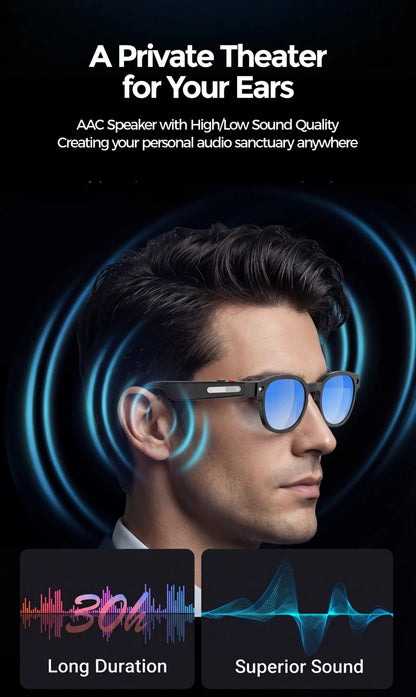 Zwart Lenovo smartbril met 4K Ultra HD display en Pixel HD camera, voorzien van AI-functies en kleurveranderende lenzen bij lichtexpositie, ideaal voo