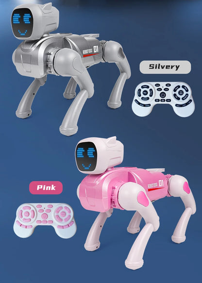 ZWN X1 AI Smart Robot Dog, zilverkleurig met blauwe LED-gezicht, speelt muziek en danst. Geschikt voor kinderen en hobbyisten, met Bluetooth en app-co