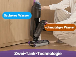De Redkey W15 stofzuiger in zwart en paars, met zichtbare waterreservoirs en digitale display, geschikt voor efficiënte vloer- en tapijtverzorging in 