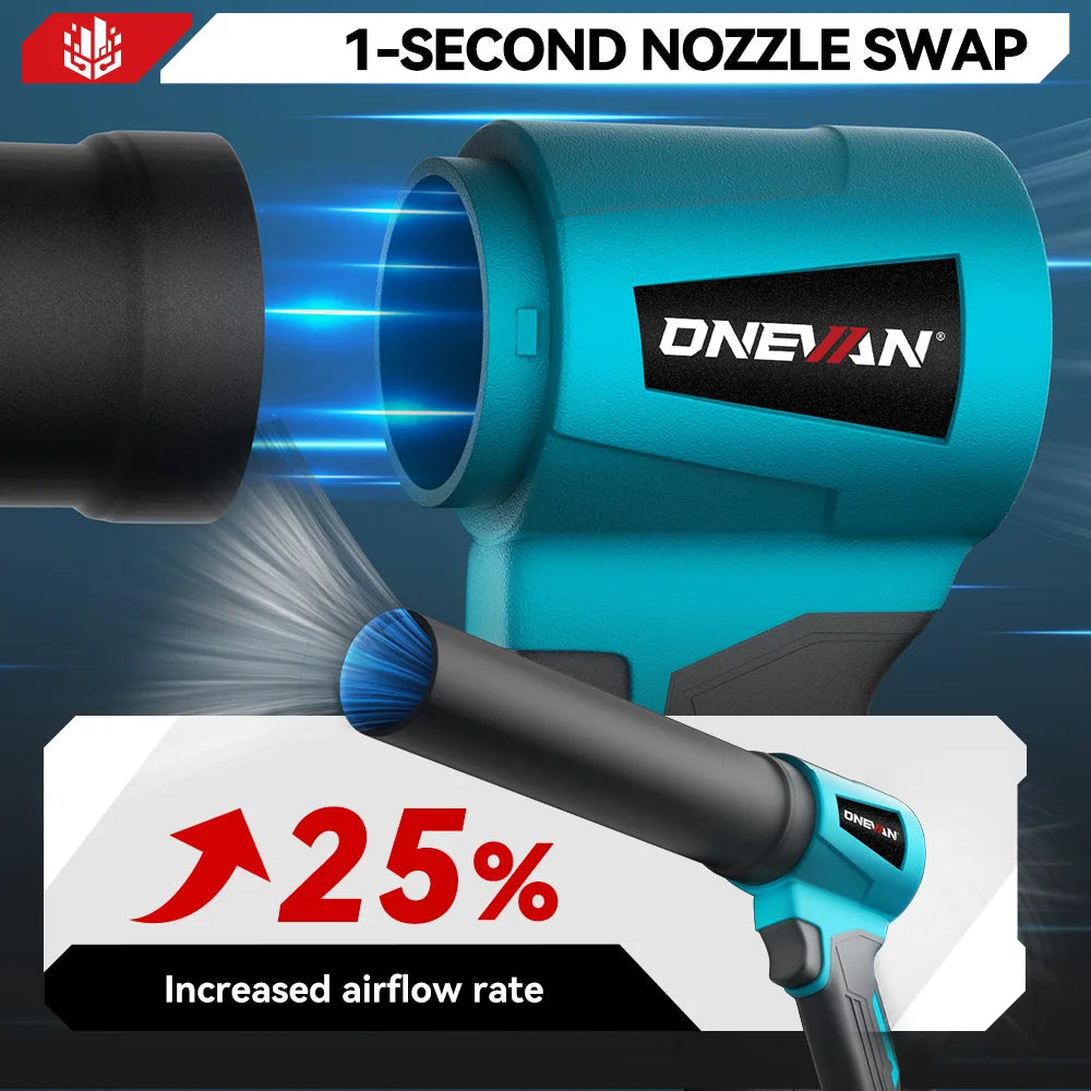 Een blauw-zwarte ONEVAN draadloze windblazer met 21V lithium-batterijen, geschikt voor tuin- en bouwprojecten. Zichtbaar met 400M/S windkracht en 3000