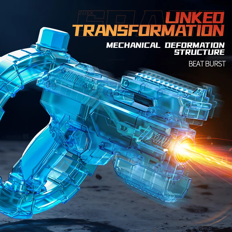 De elektrische waterpistool Shark MK-1 heeft een transparante, futuristische constructie met een donkerblauwe grip en een opvallende rode uitlaat. Het
