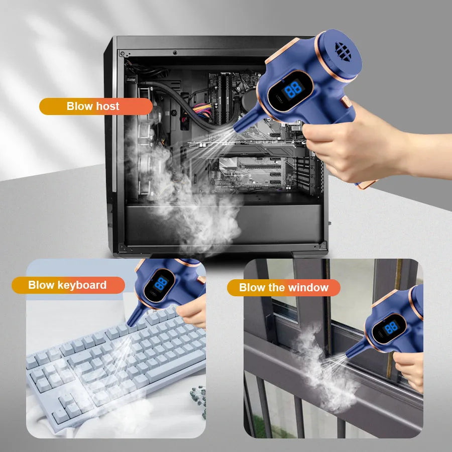 Blauwe draadloze stofzuiger met goudkleurige accenten en digitale display, uitgerust met diverse accessoires voor efficiënte schoonmaak van meubels en