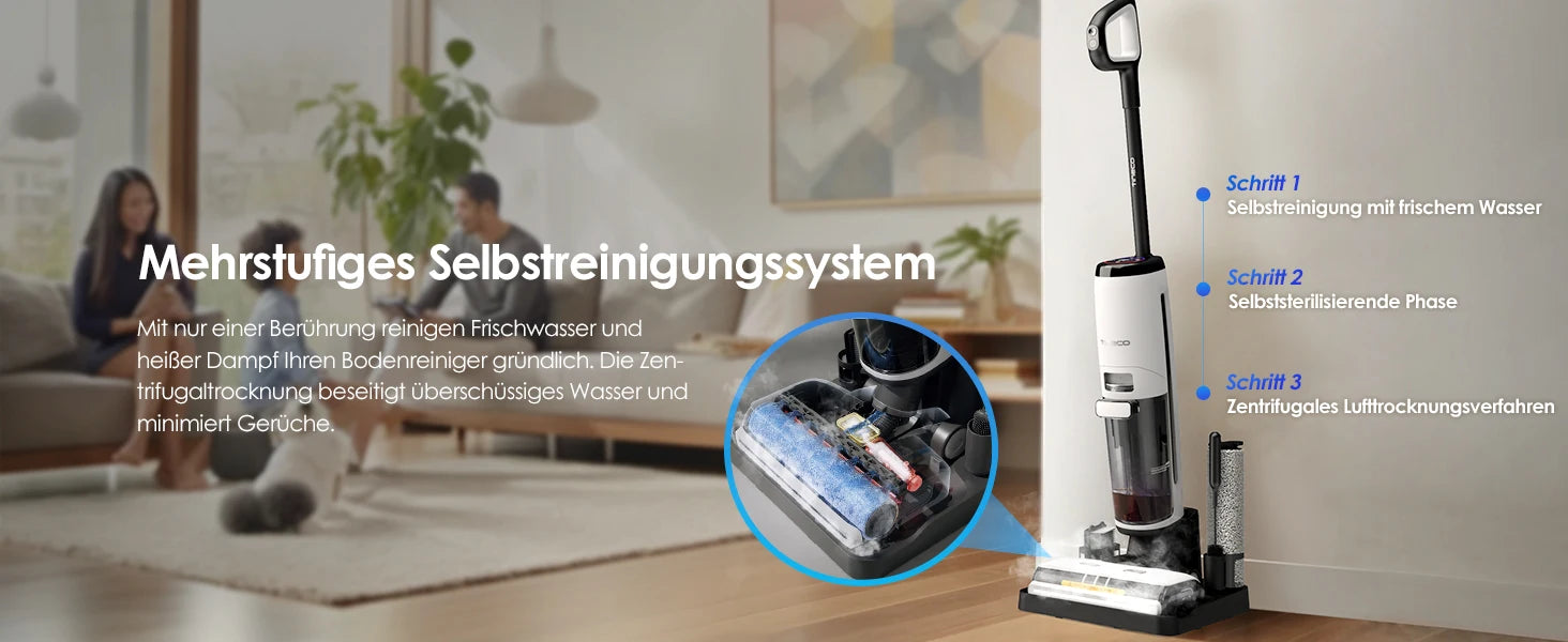 De Tineco stoomveegmachine in zilver en zwart, met zichtbare stoomuitlaat en transparante waterreservoir, geschikt voor efficiënte vloer- en tegelrein