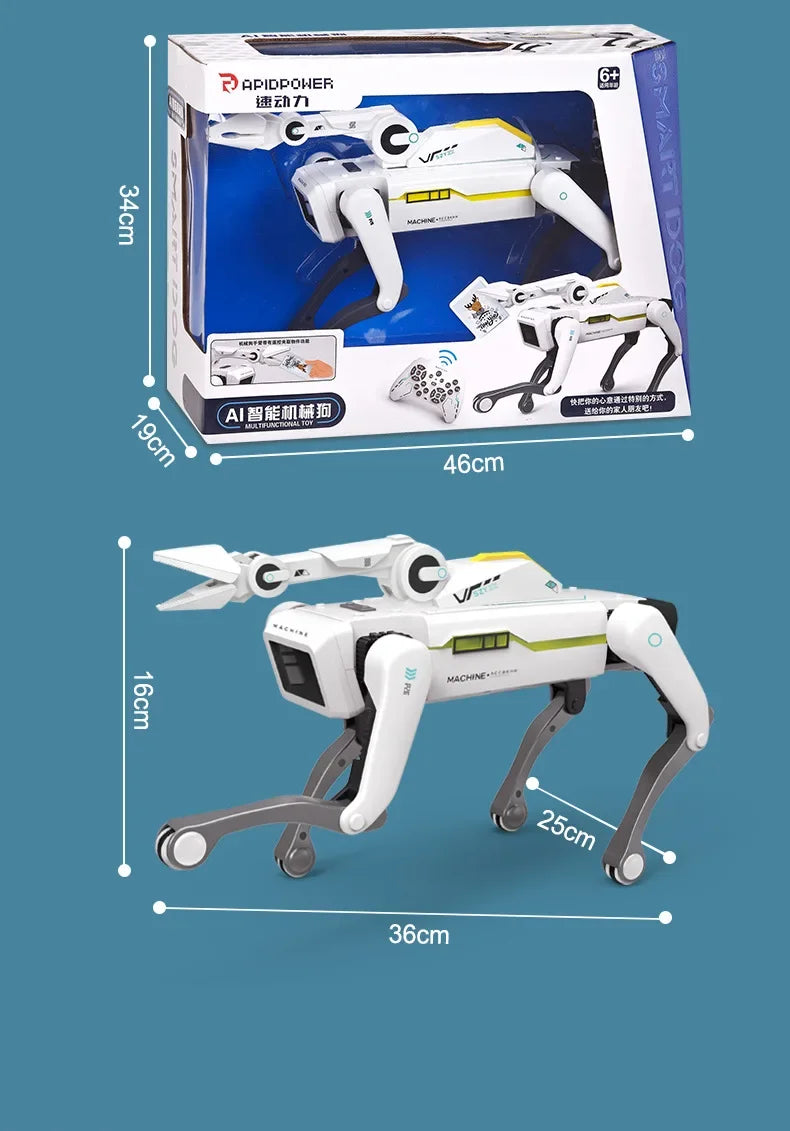 De witte 2.4G RC Smart Dog met groene accenten en zwarte poten, uitgerust met Bluetooth en een afstandsbediening, is een slimme speelgoedhond voor kin