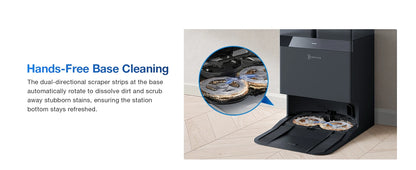 EcoVacs robotstofzuiger met zwart glanzend ontwerp en zichtbare blauwe mop, naast zijn oplader met transparante water- en vuilbakken voor automatische