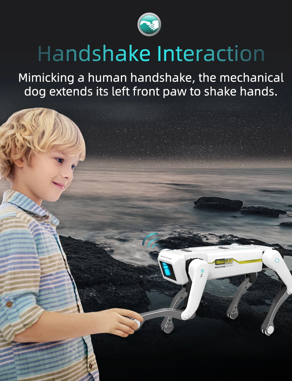 De witte 2.4G RC Smart Dog met groene accenten en zwarte poten, uitgerust met Bluetooth en een afstandsbediening, is een slimme hondrobot voor speelpl