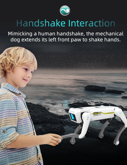 De witte 2.4G RC Smart Dog met groene accenten en zwarte poten, uitgerust met Bluetooth en een afstandsbediening, is een slimme hondrobot voor speelpl