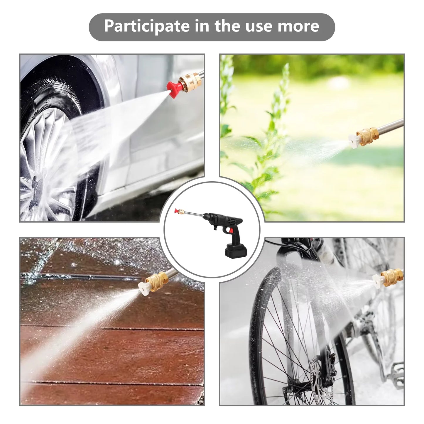 Een zwarte, draadloze waterstraler met 24V lithiumbatterijen, zichtbare slang, emmer en diverse accessoires voor efficiënte carwash of tuinreiniging. 