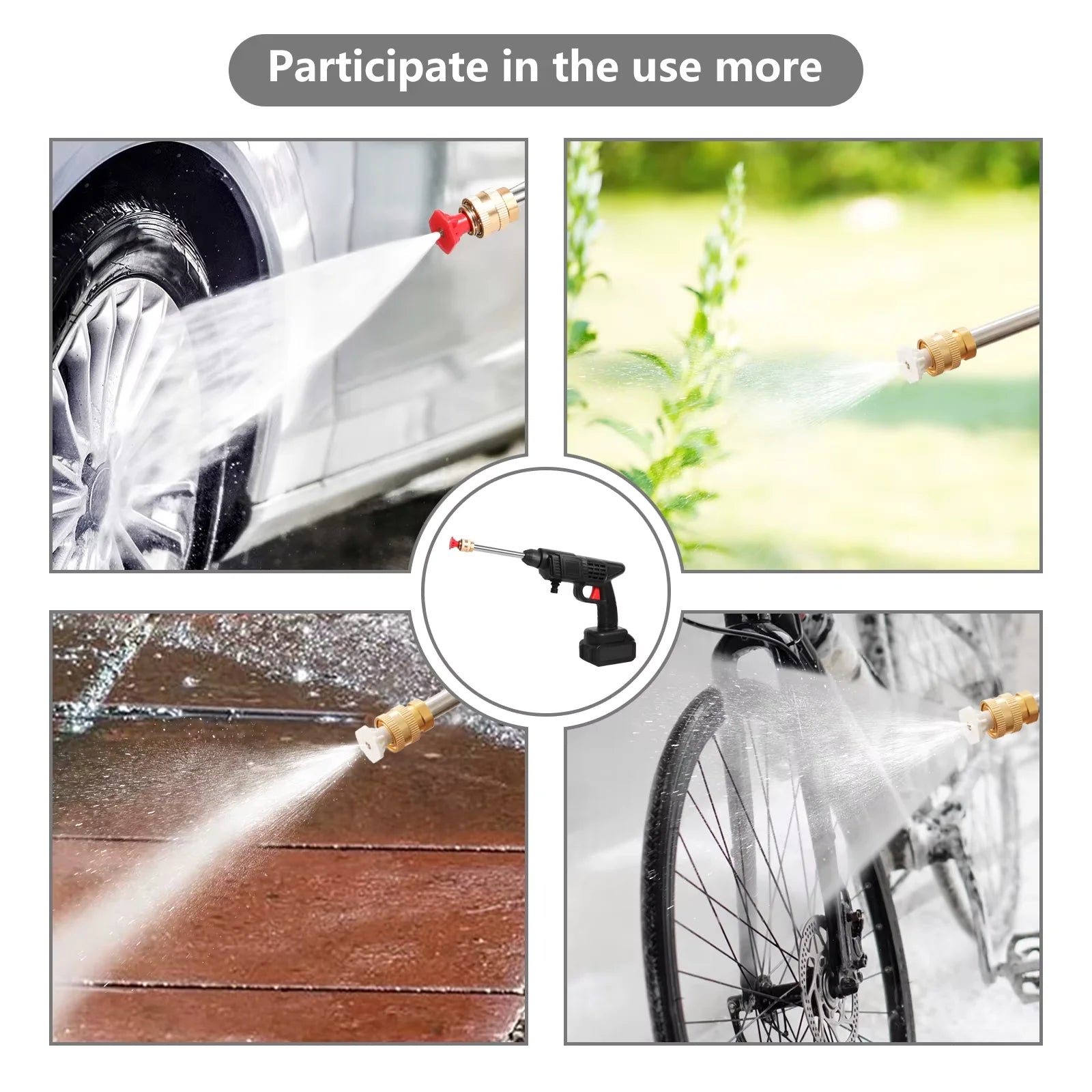Een zwarte, draadloze waterstraler met 24V lithiumbatterijen, zichtbare slang, emmer en diverse accessoires voor efficiënte carwash of tuinreiniging. 