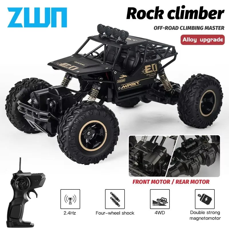 ZWN Rock climber, een zwarte 4WD RC-afstandsbediening met goudkleurige velgen en zichtbare schokdempers, geschikt voor zware off-road avonturen en ste