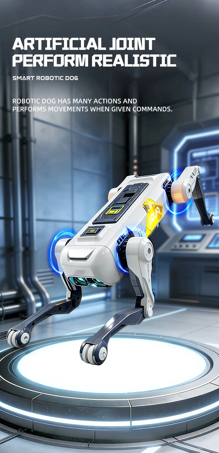 Een witte, mechanische hondrobot met blauwe oogleden en een gele 'ATLAS'-plaat, uitgerust met een afstandsbediening voor kinderen. Ideaal als educatie
