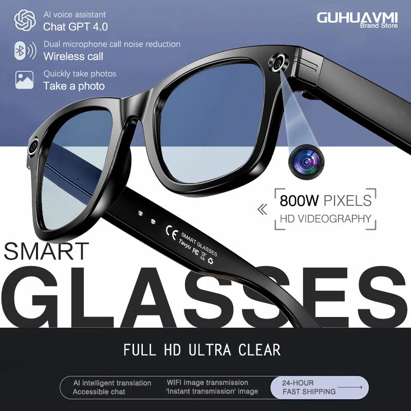 Zwart Google Glass met HD-camera en AI-functies, weergegeven met kleurrijke lensreflecties. Geschikt voor video-opnames en foto’s tijdens reizen of av