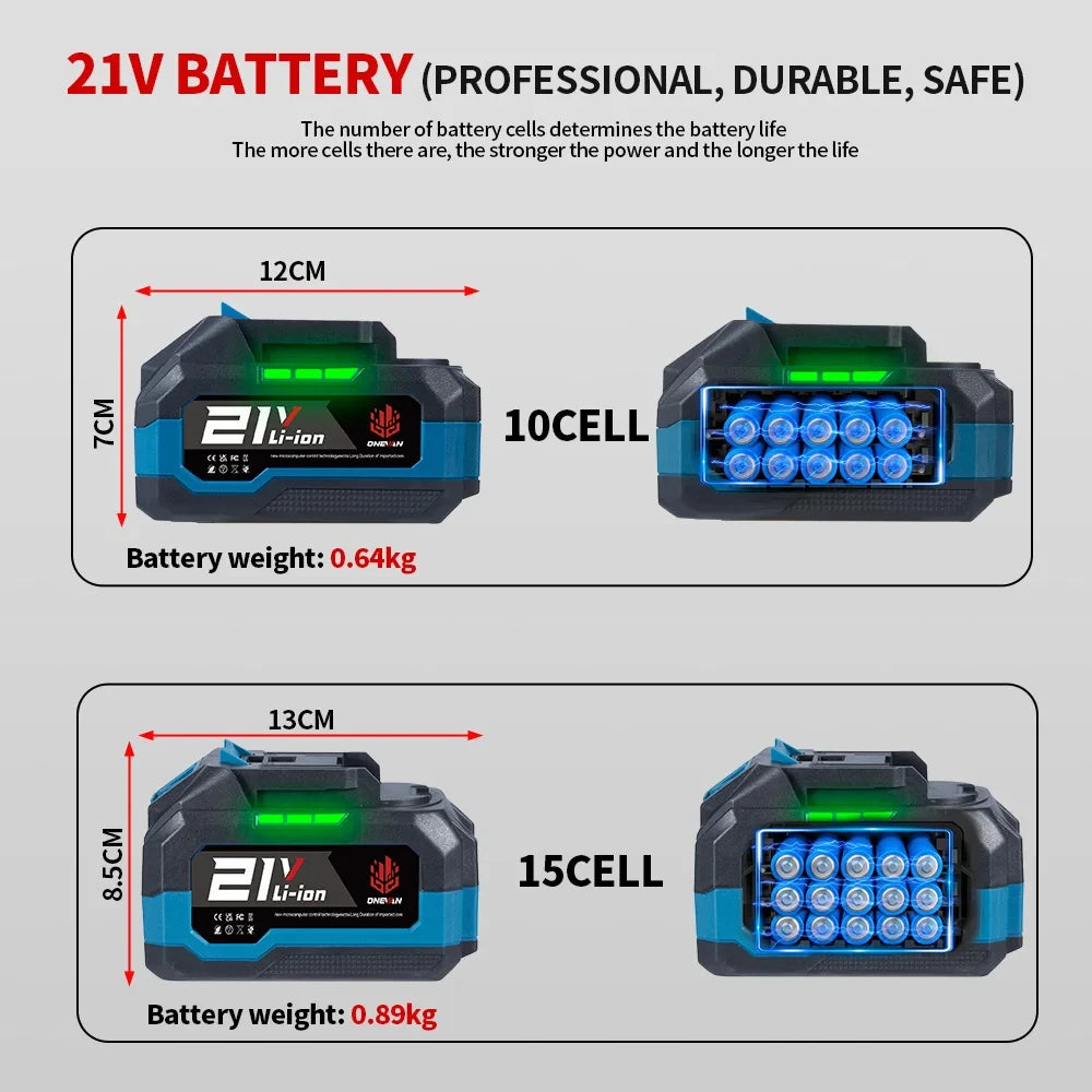 Een blauw-zwarte ONEVAN draadloze bladzager met 21V lithium-batterij, geschikt voor houtbewerking en tuinwerk. Zie ook de bijgeleverde batterijen voor