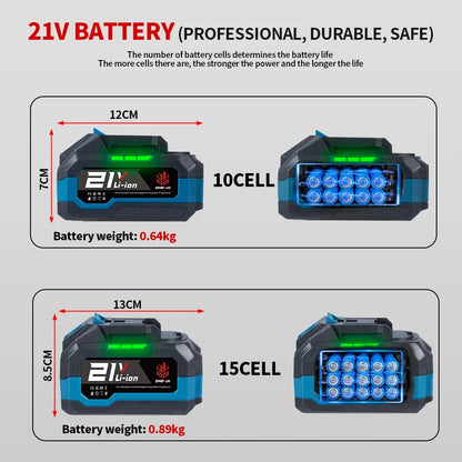 Een blauw-zwarte ONEVAN draadloze bladzager met 21V lithium-batterij, geschikt voor houtbewerking en tuinwerk. Zie ook de bijgeleverde batterijen voor