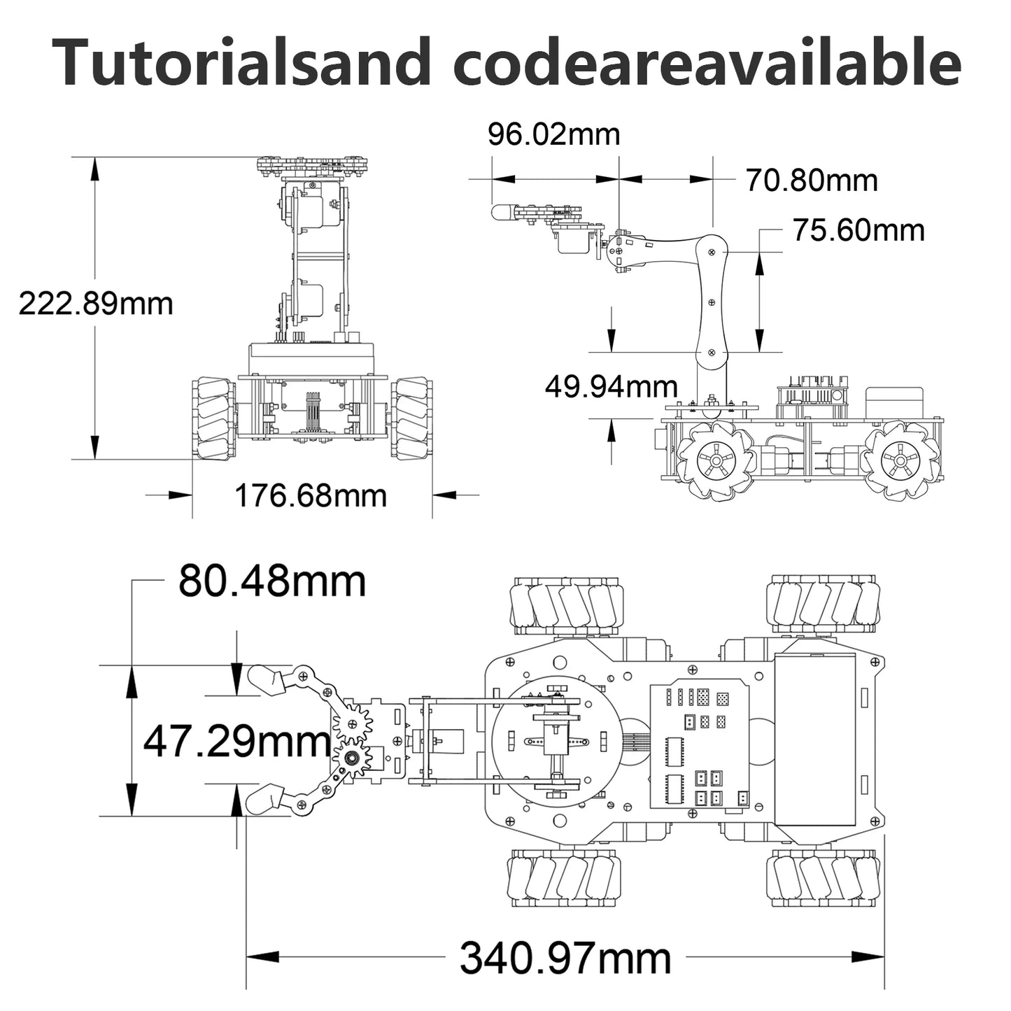 Een zwarte robotauto met gele Mecanumwielen en een robuuste arm, bedienbaar via smartphone voor educatief programmeren met ESP32 of Arduino. - Foto 6
