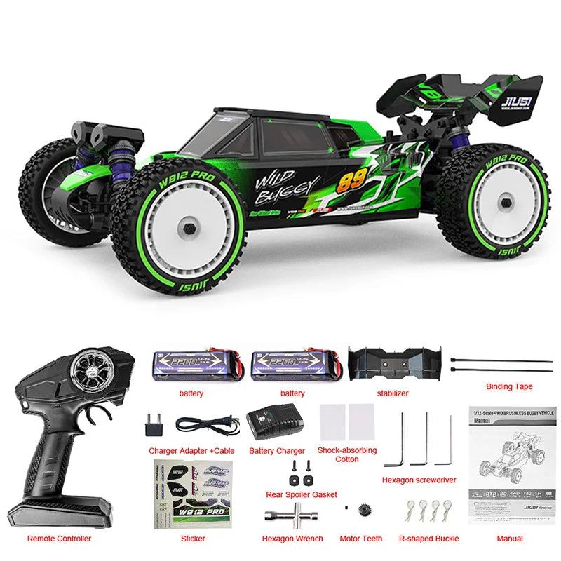 Een blauw en paars JIUSI WB12 PRO 1/12 RC-raceauto met grote banden en zichtbare stuurunit, inclusief controller, batterijen en oplader voor speelplez