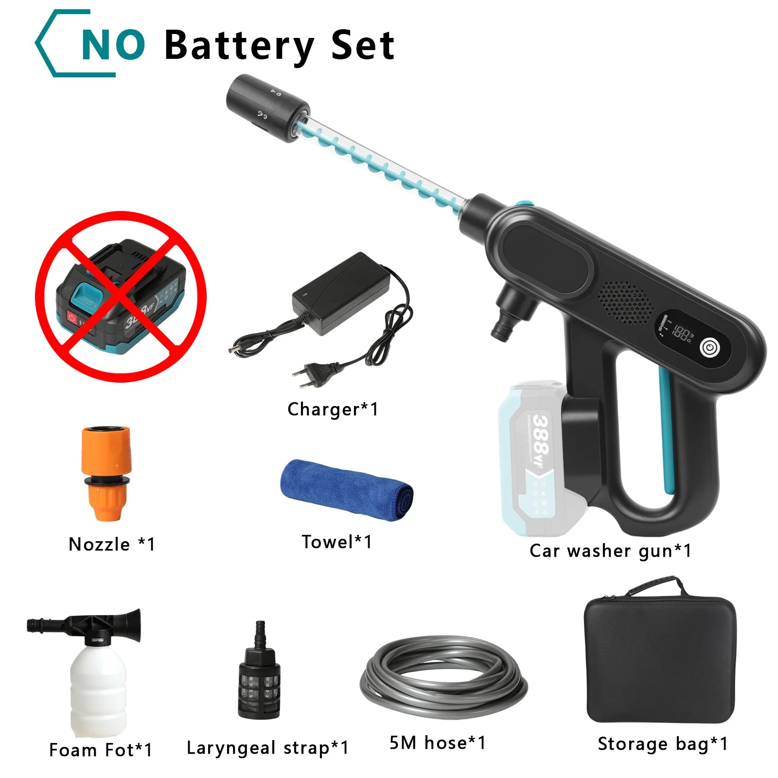 De zwarte en turquoise draadloze stroomdrukker met digitale display, inclusief accessoires zoals batterijen, slang, en borstel, geschikt voor efficiën