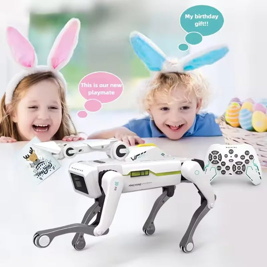 De witte 2.4G RC Smart Dog met groene accenten en zwarte poten, uitgerust met Bluetooth en een afstandsbediening, is een slimme hondrobot voor speelpl