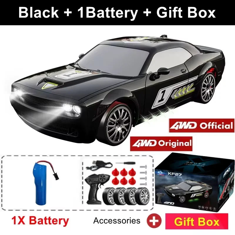 Zwart 4WD RC-raceauto met glanzende lak, zichtbare wielen en nummer 1 op de zijkant, inclusief afstandsbediening. Perfect voor speelplein of binnen, m