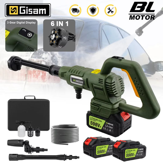 Groene Gisam carwash met BL-motor en 598V lithium-ion batterij, uitgerust met 6-in-1 nozzle en digitale display, geschikt voor efficiënte auto’s en mo