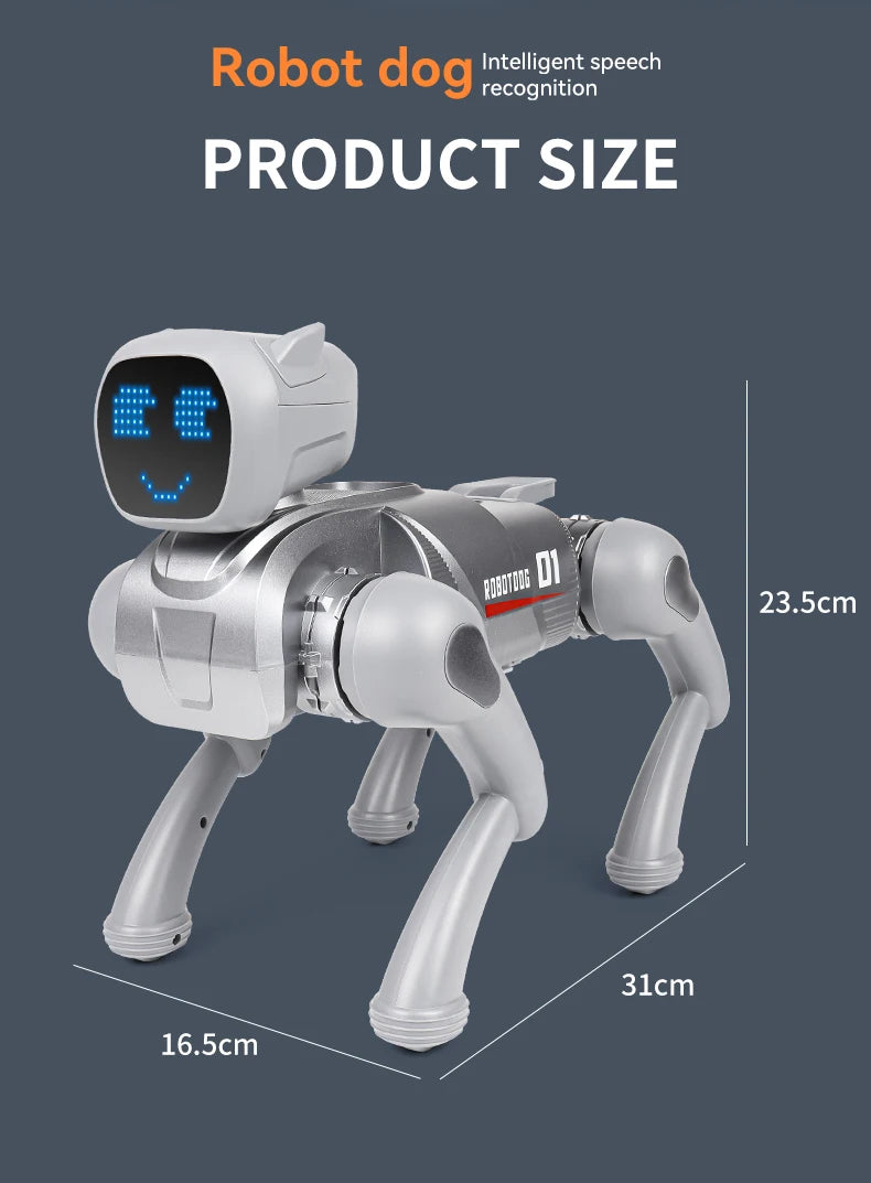 ZWN X1 AI Smart Robot Dog, zilverkleurig met blauwe LED-gezicht, speelt muziek en danst. Geschikt voor kinderen, met Bluetooth en app-controle voor in