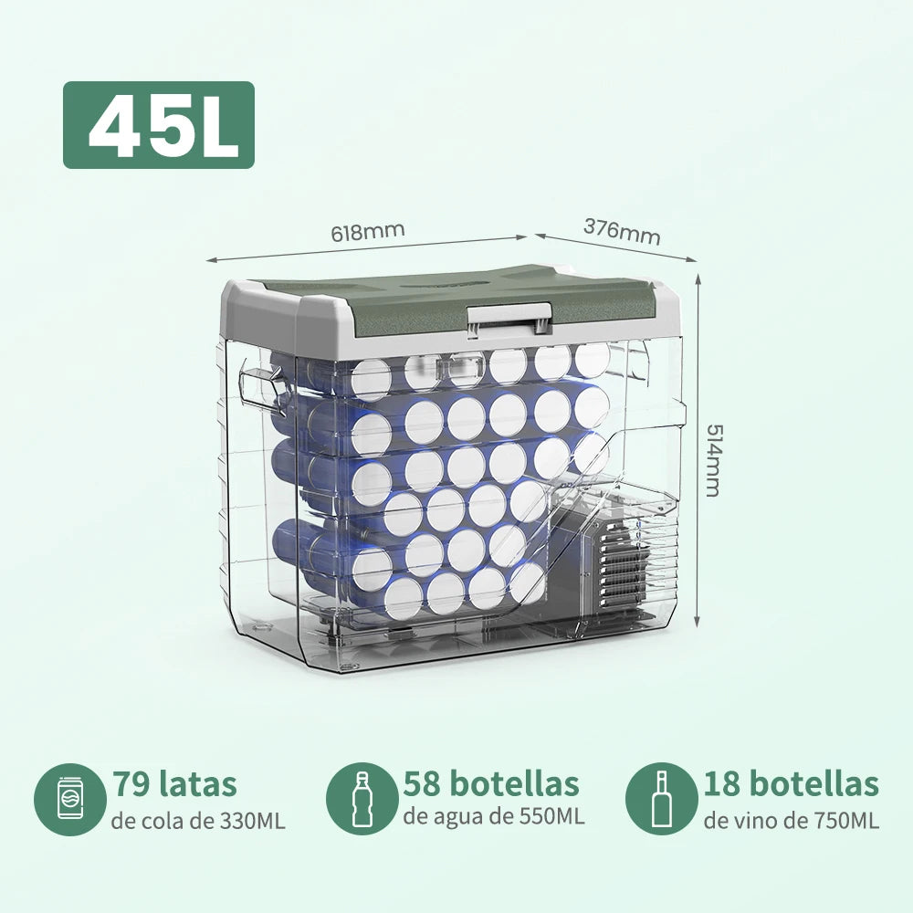 Grijze Alpicool koelbox met 25L capaciteit, gevuld met frisse fruit en Budweiser bierblikken, ideaal voor kamperen en picknicks. Robuust ontwerp met z