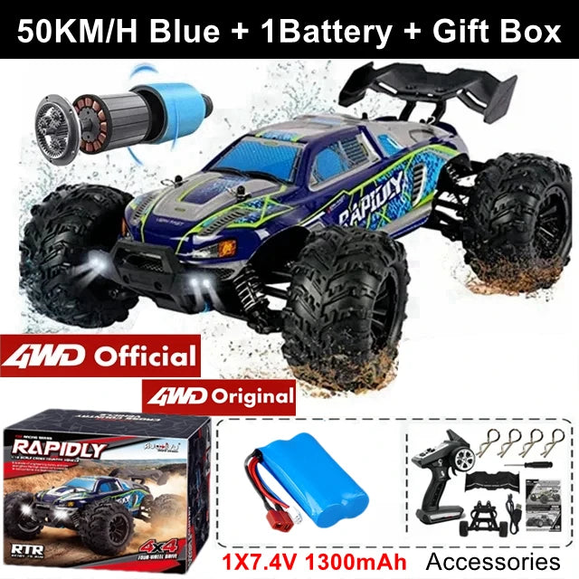 Zwart-pink RC monstertruck met grote terreinbanden en blauwe koplampen, in actie op modderige terrein. Geschikt voor speelgoedraces en buitenactivitei