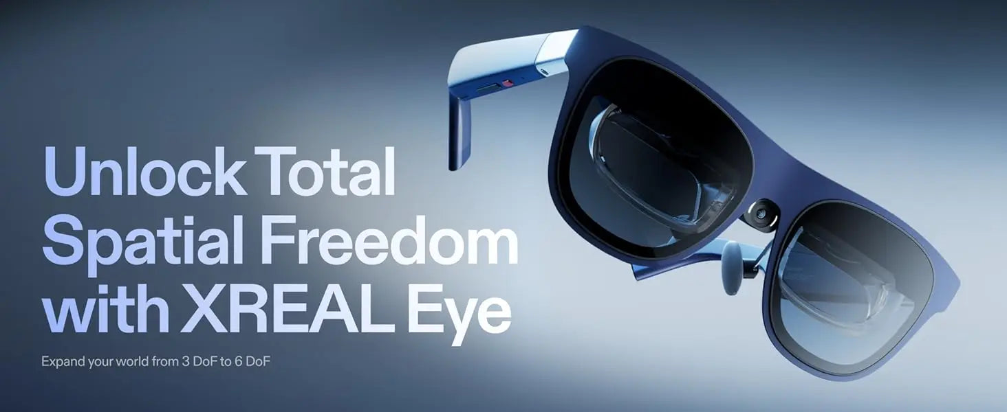 De XREAL 1S AR-bril in donkerblauw met zwart frame, geleverd met oplader, hoesje en handleiding, geschikt voor mobiele virtuele realiteit en gaming. -