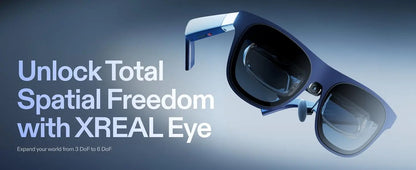De XREAL 1S AR-bril in donkerblauw met zwart frame, geleverd met oplader, hoesje en handleiding, geschikt voor mobiele virtuele realiteit en gaming. -