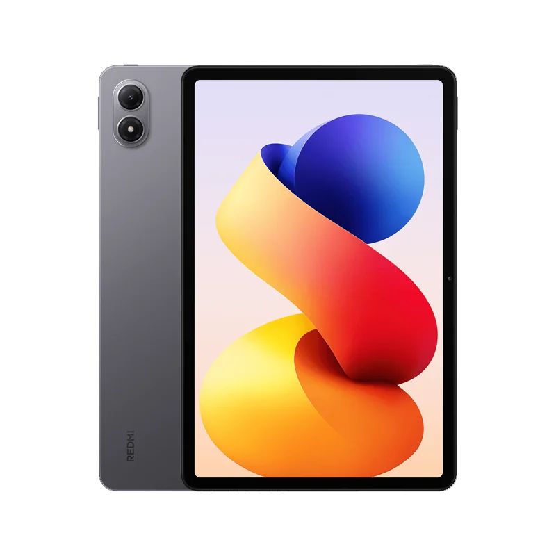 Grijze Redmi-tablet met dubbele camera en scherm met kleurrijke abstracte achtergrond, geschikt voor multimedia en productie. Modern ontwerp voor dage
