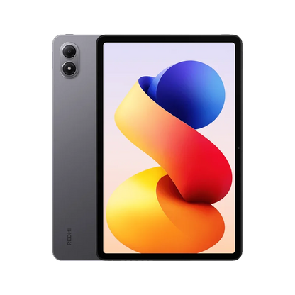 Grijze Redmi-tablet met dubbele camera en scherm met kleurrijke abstracte achtergrond, geschikt voor multimedia en productie. Modern ontwerp voor dage