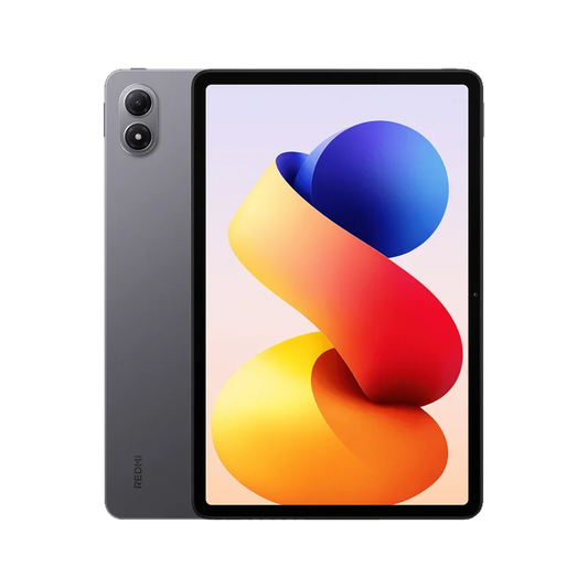 Grijze Redmi-tablet met dubbele camera en scherm met kleurrijke abstracte achtergrond, geschikt voor multimedia en productie. Modern ontwerp voor dage