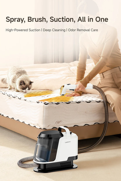 De Uwant Y100 stofzuiger met spray- en borstelkop is wit met transparante behuizing en een 1,2L waterreservoir, speciaal ontworpen voor intensieve sch