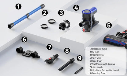 Een blauwe draadloze stofzuiger van erabros met verschillende accessoires, inclusief een waterdichte filter, geschikt voor huishoudelijk gebruik en di