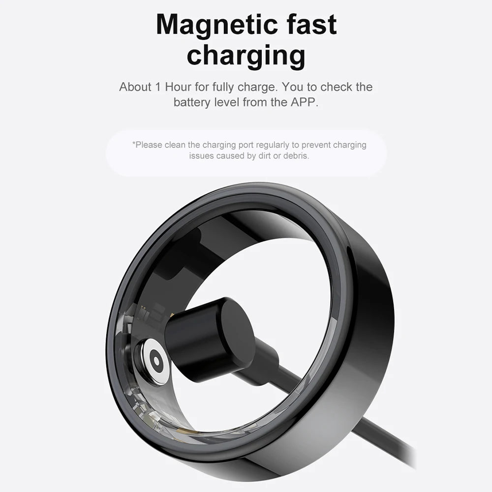 Zwart slimme ring met glanzend oppervlak en zichtbare groene LED-technologie. Geavanceerd smartwatch-accessoire voor gezondheidsmonitoren en dagelijkse tracking. - Foto 5