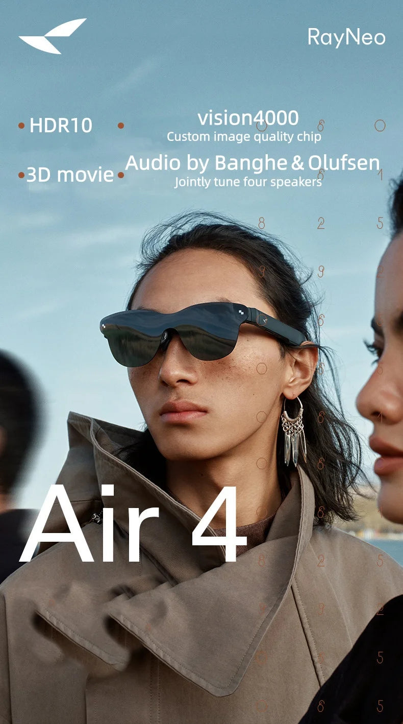 Zwart RayNeo Air 4 smartbril met donkere glazen en USB-C kabel, geschikt voor sportieve gebruikers. Geleverd met een USB-C adapter als cadeau voor spo